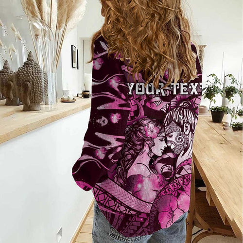 Personalised Maori Romantic Valentine Women Casual Shirt The Hongi Kiss Pink Galaxy