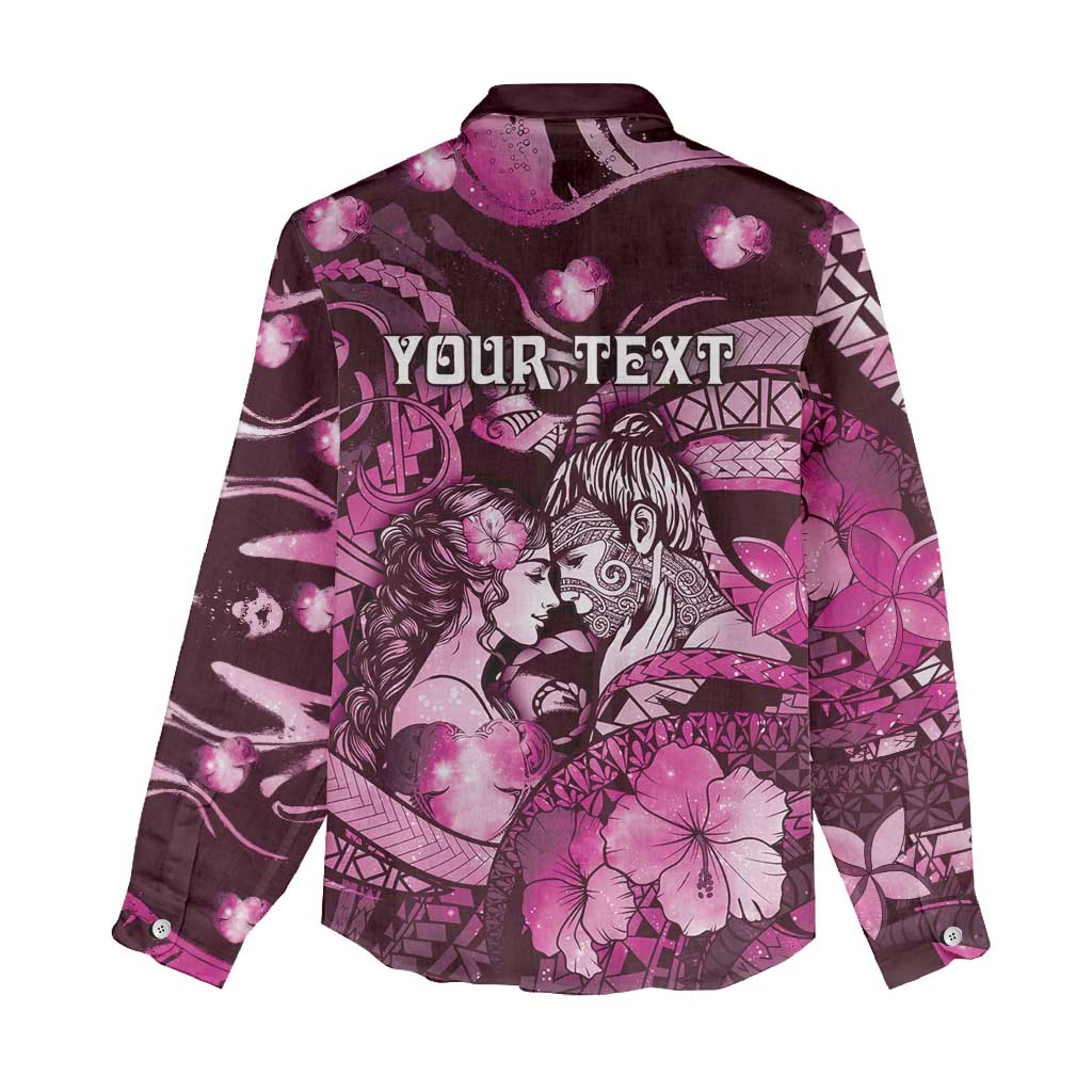 Personalised Maori Romantic Valentine Women Casual Shirt The Hongi Kiss Pink Galaxy