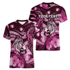 Personalised Maori Romantic Valentine Women V-Neck T-Shirt The Hongi Kiss Pink Galaxy