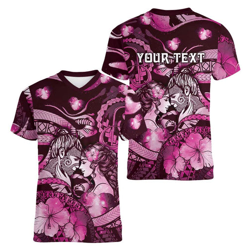 Personalised Maori Romantic Valentine Women V-Neck T-Shirt The Hongi Kiss Pink Galaxy