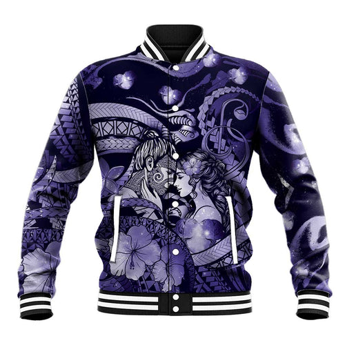 Personalised Maori Romantic Valentine Baseball Jacket The Hongi Kiss Purple Galaxy
