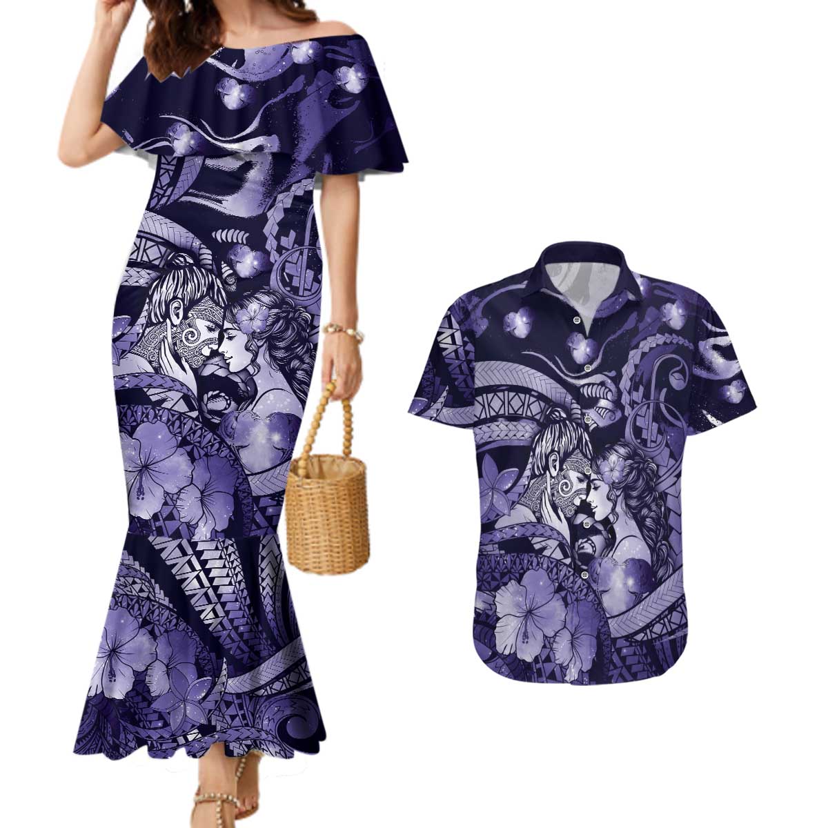 Personalised Maori Romantic Valentine Couples Matching Mermaid Dress and Hawaiian Shirt The Hongi Kiss Purple Galaxy