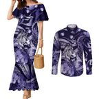 Personalised Maori Romantic Valentine Couples Matching Mermaid Dress and Long Sleeve Button Shirt The Hongi Kiss Purple Galaxy