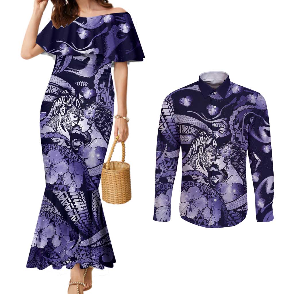 Personalised Maori Romantic Valentine Couples Matching Mermaid Dress and Long Sleeve Button Shirt The Hongi Kiss Purple Galaxy
