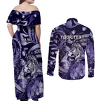 Personalised Maori Romantic Valentine Couples Matching Off Shoulder Maxi Dress and Long Sleeve Button Shirt The Hongi Kiss Purple Galaxy