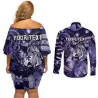 Personalised Maori Romantic Valentine Couples Matching Off Shoulder Short Dress and Long Sleeve Button Shirt The Hongi Kiss Purple Galaxy