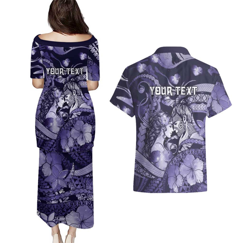 Personalised Maori Romantic Valentine Couples Matching Puletasi and Hawaiian Shirt The Hongi Kiss Purple Galaxy