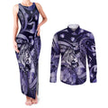 Personalised Maori Romantic Valentine Couples Matching Tank Maxi Dress and Long Sleeve Button Shirt The Hongi Kiss Purple Galaxy