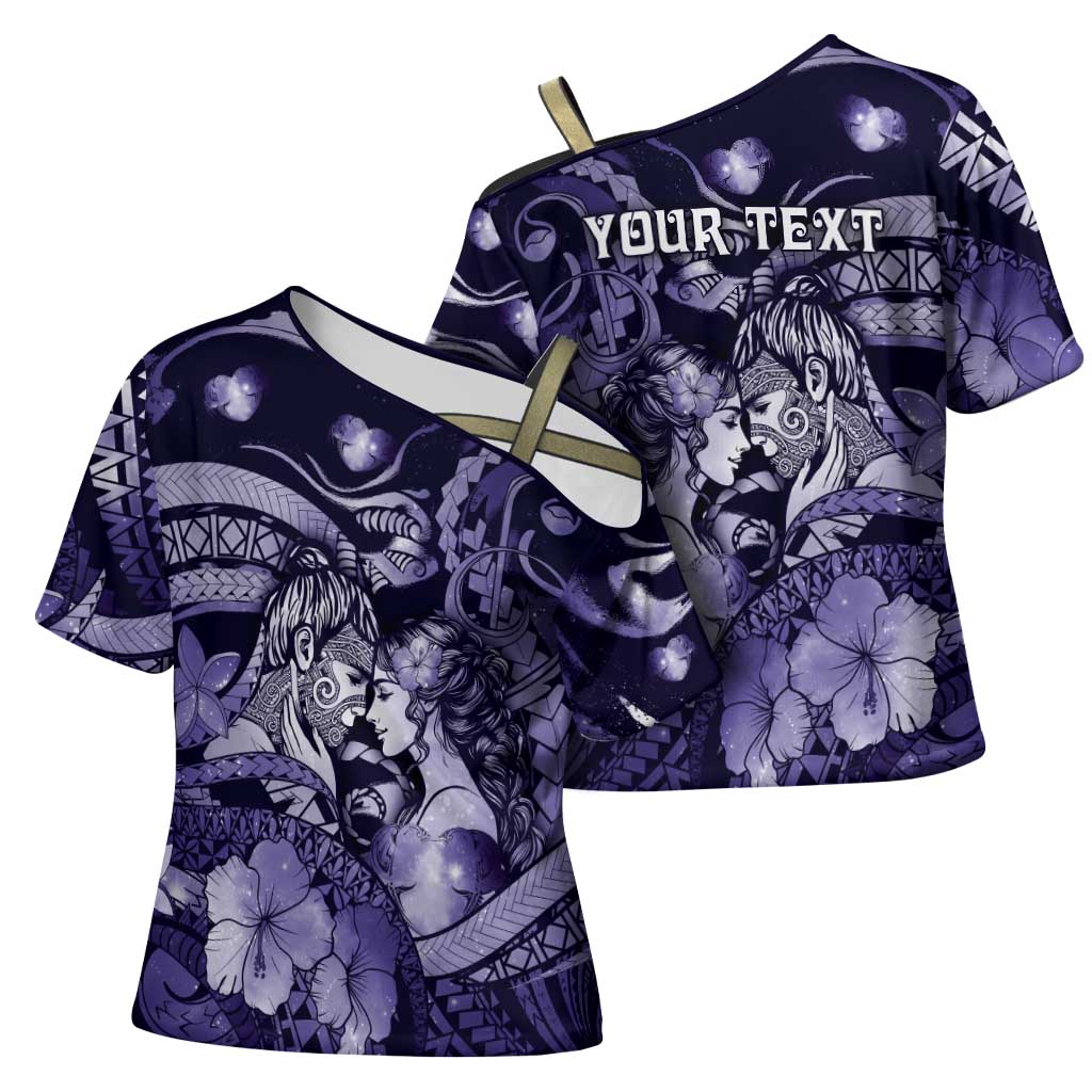 Personalised Maori Romantic Valentine Cross Shoulder Shirt The Hongi Kiss Purple Galaxy