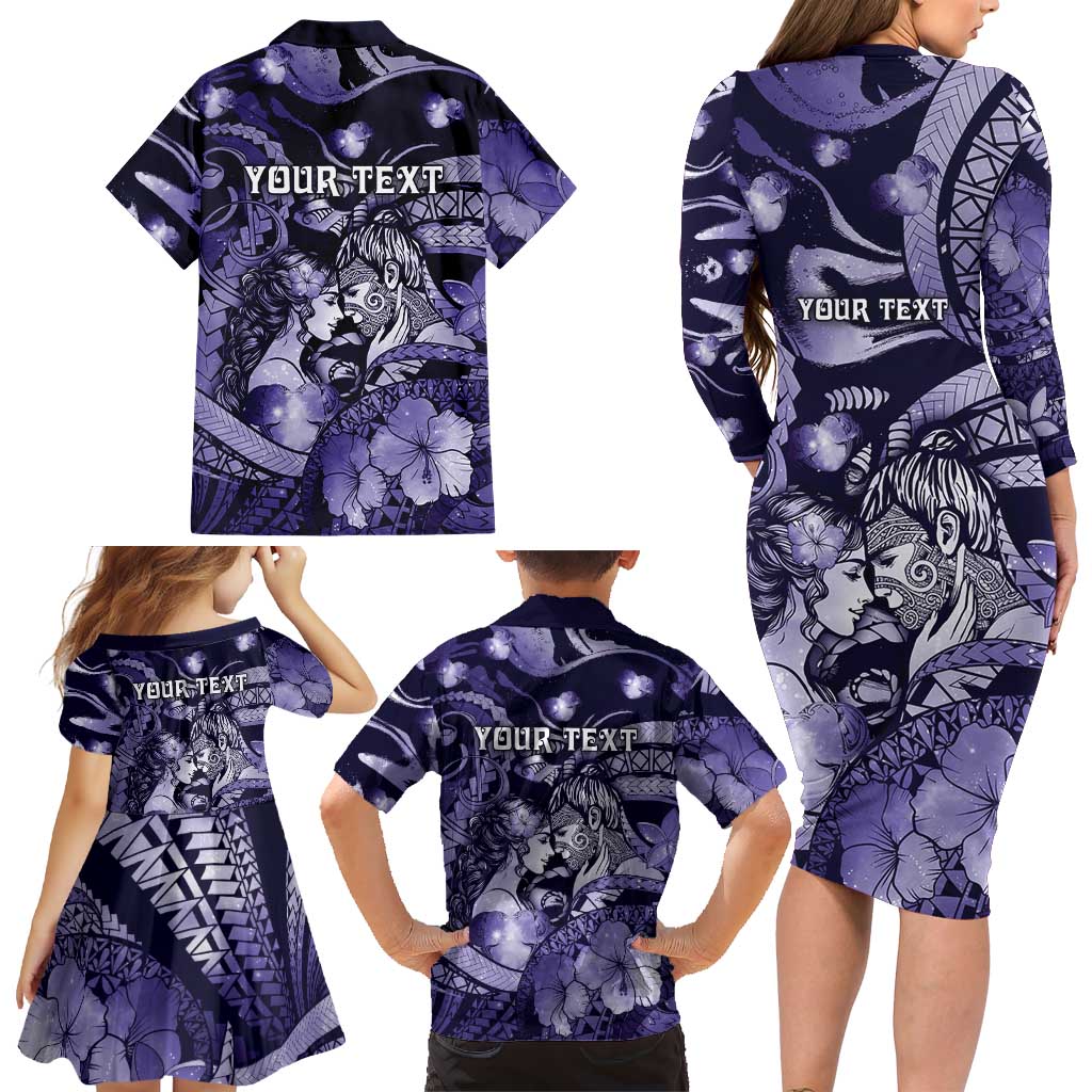 Personalised Maori Romantic Valentine Family Matching Long Sleeve Bodycon Dress and Hawaiian Shirt The Hongi Kiss Purple Galaxy