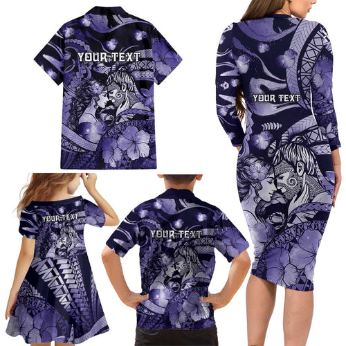 Personalised Maori Romantic Valentine Family Matching Long Sleeve Bodycon Dress and Hawaiian Shirt The Hongi Kiss Purple Galaxy