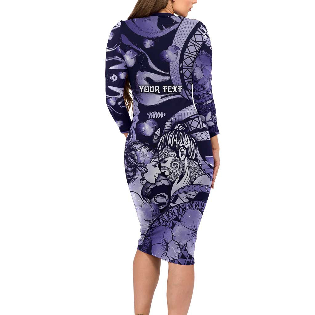 Personalised Maori Romantic Valentine Family Matching Long Sleeve Bodycon Dress and Hawaiian Shirt The Hongi Kiss Purple Galaxy