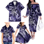 Personalised Maori Romantic Valentine Family Matching Off The Shoulder Long Sleeve Dress and Hawaiian Shirt The Hongi Kiss Purple Galaxy