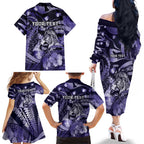 Personalised Maori Romantic Valentine Family Matching Off The Shoulder Long Sleeve Dress and Hawaiian Shirt The Hongi Kiss Purple Galaxy