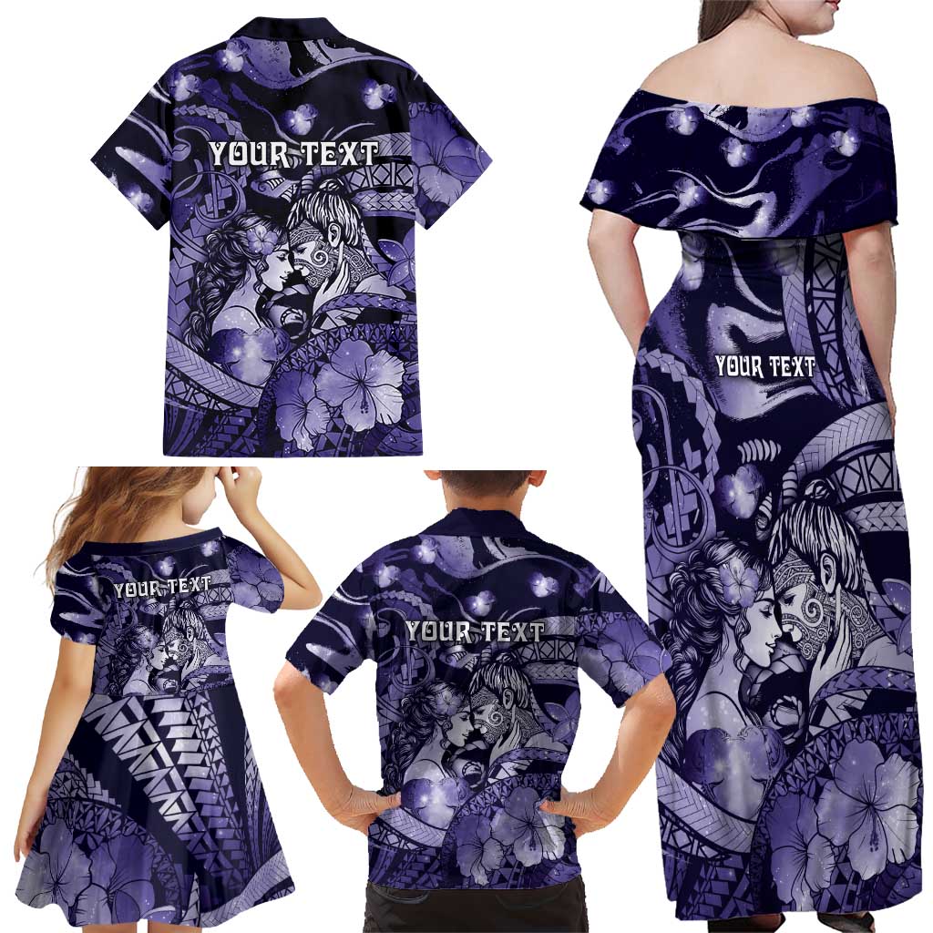 Personalised Maori Romantic Valentine Family Matching Off Shoulder Maxi Dress and Hawaiian Shirt The Hongi Kiss Purple Galaxy