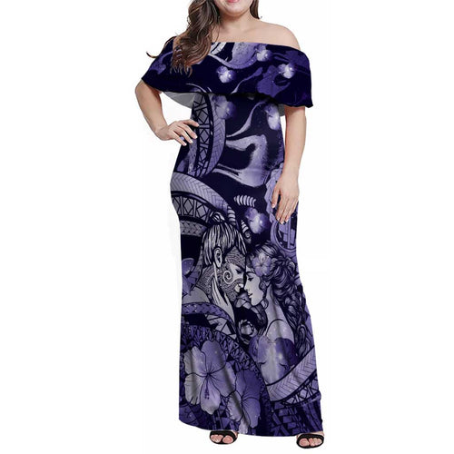 Personalised Maori Romantic Valentine Family Matching Off Shoulder Maxi Dress and Hawaiian Shirt The Hongi Kiss Purple Galaxy