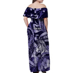 Personalised Maori Romantic Valentine Family Matching Off Shoulder Maxi Dress and Hawaiian Shirt The Hongi Kiss Purple Galaxy