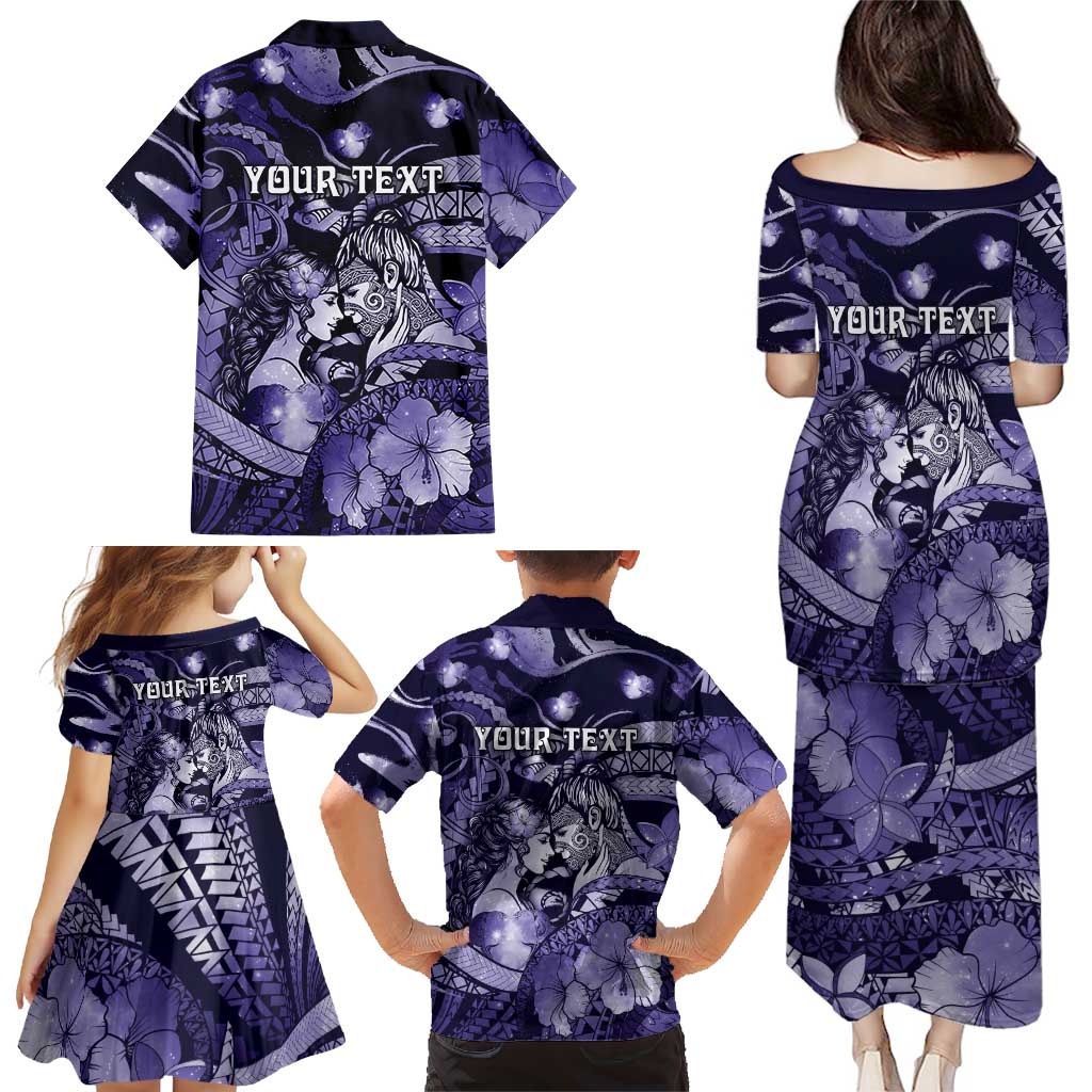 Personalised Maori Romantic Valentine Family Matching Puletasi and Hawaiian Shirt The Hongi Kiss Purple Galaxy