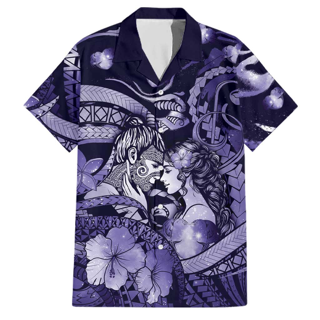 Personalised Maori Romantic Valentine Family Matching Puletasi and Hawaiian Shirt The Hongi Kiss Purple Galaxy