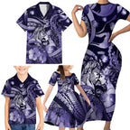 Personalised Maori Romantic Valentine Family Matching Short Sleeve Bodycon Dress and Hawaiian Shirt The Hongi Kiss Purple Galaxy