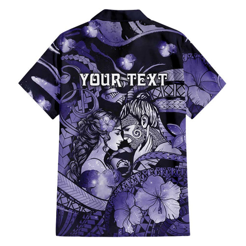Personalised Maori Romantic Valentine Family Matching Short Sleeve Bodycon Dress and Hawaiian Shirt The Hongi Kiss Purple Galaxy