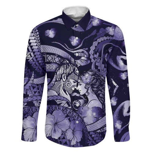 Personalised Maori Romantic Valentine Family Matching Short Sleeve Bodycon Dress and Hawaiian Shirt The Hongi Kiss Purple Galaxy