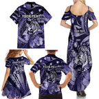 Personalised Maori Romantic Valentine Family Matching Summer Maxi Dress and Hawaiian Shirt The Hongi Kiss Purple Galaxy