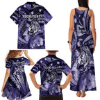 Personalised Maori Romantic Valentine Family Matching Tank Maxi Dress and Hawaiian Shirt The Hongi Kiss Purple Galaxy