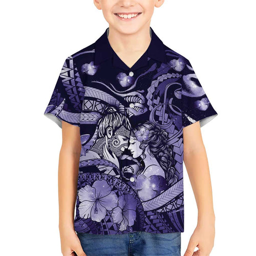 Personalised Maori Romantic Valentine Family Matching Tank Maxi Dress and Hawaiian Shirt The Hongi Kiss Purple Galaxy
