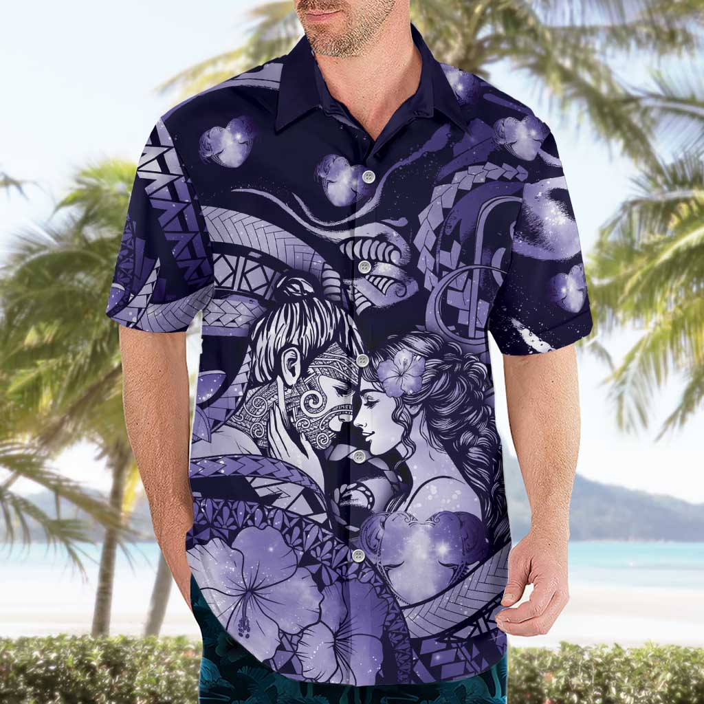 Personalised Maori Romantic Valentine Hawaiian Shirt The Hongi Kiss Purple Galaxy