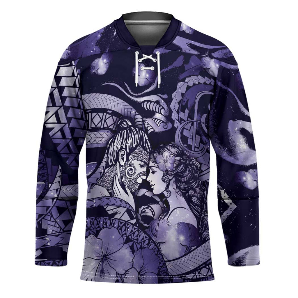 Personalised Maori Romantic Valentine Hockey Jersey The Hongi Kiss Purple Galaxy