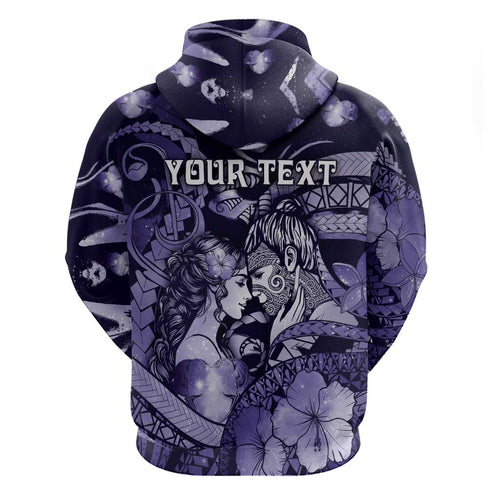 Personalised Maori Romantic Valentine Hoodie The Hongi Kiss Purple Galaxy