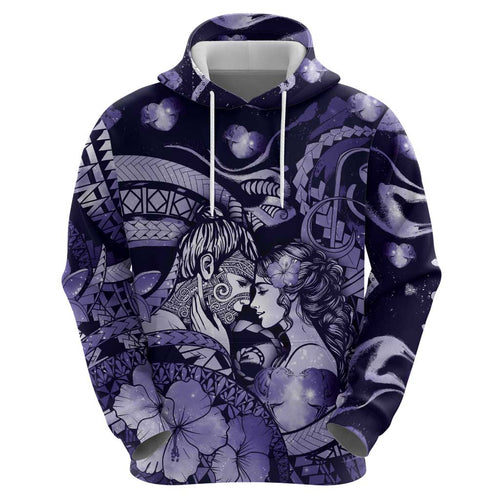Personalised Maori Romantic Valentine Hoodie The Hongi Kiss Purple Galaxy