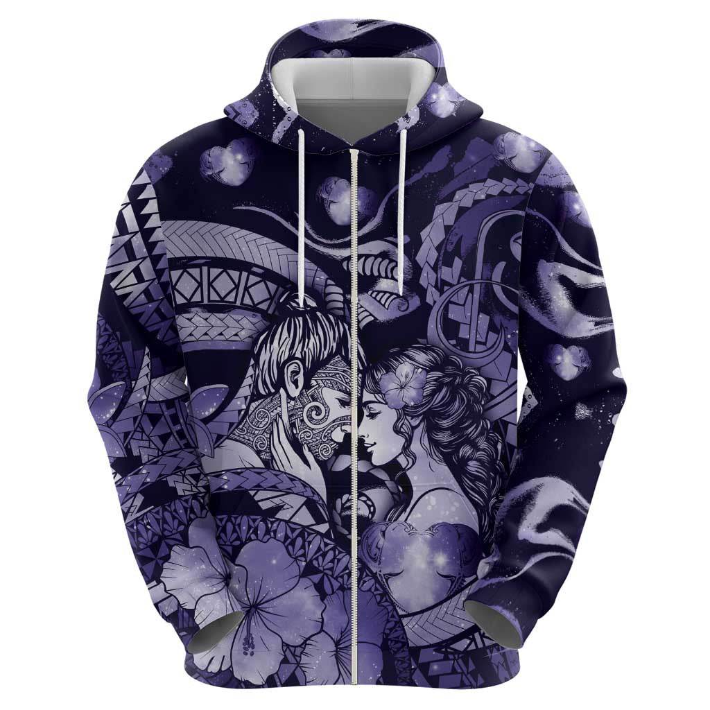 Personalised Maori Romantic Valentine Hoodie The Hongi Kiss Purple Galaxy
