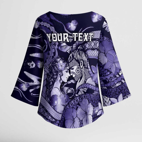 Personalised Maori Romantic Valentine Kimono Sleeve Blouse The Hongi Kiss Purple Galaxy