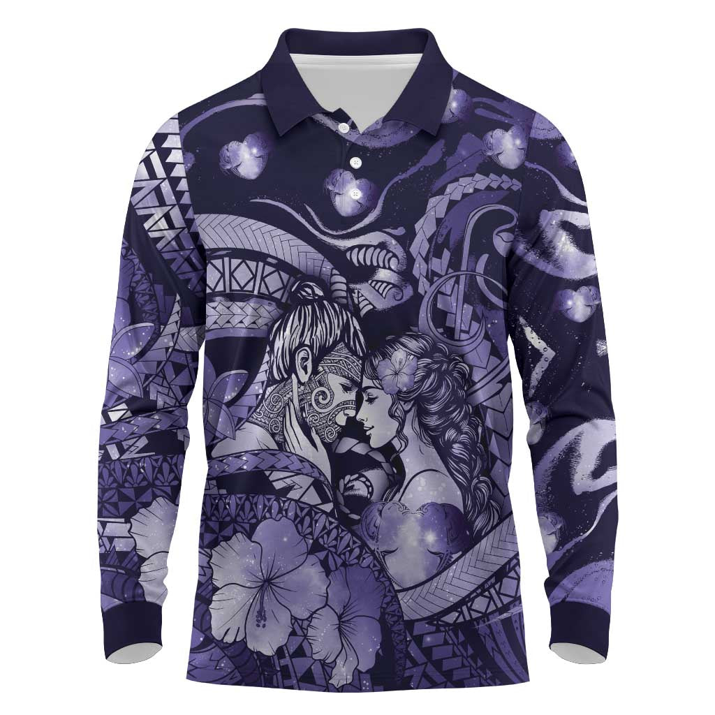 Personalised Maori Romantic Valentine Long Sleeve Polo Shirt The Hongi Kiss Purple Galaxy