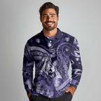 Personalised Maori Romantic Valentine Long Sleeve Polo Shirt The Hongi Kiss Purple Galaxy