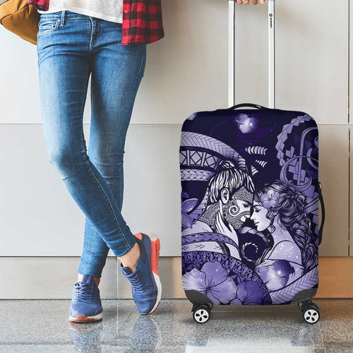 Maori Romantic Valentine Luggage Cover The Hongi Kiss Purple Galaxy