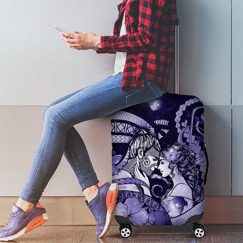 Maori Romantic Valentine Luggage Cover The Hongi Kiss Purple Galaxy