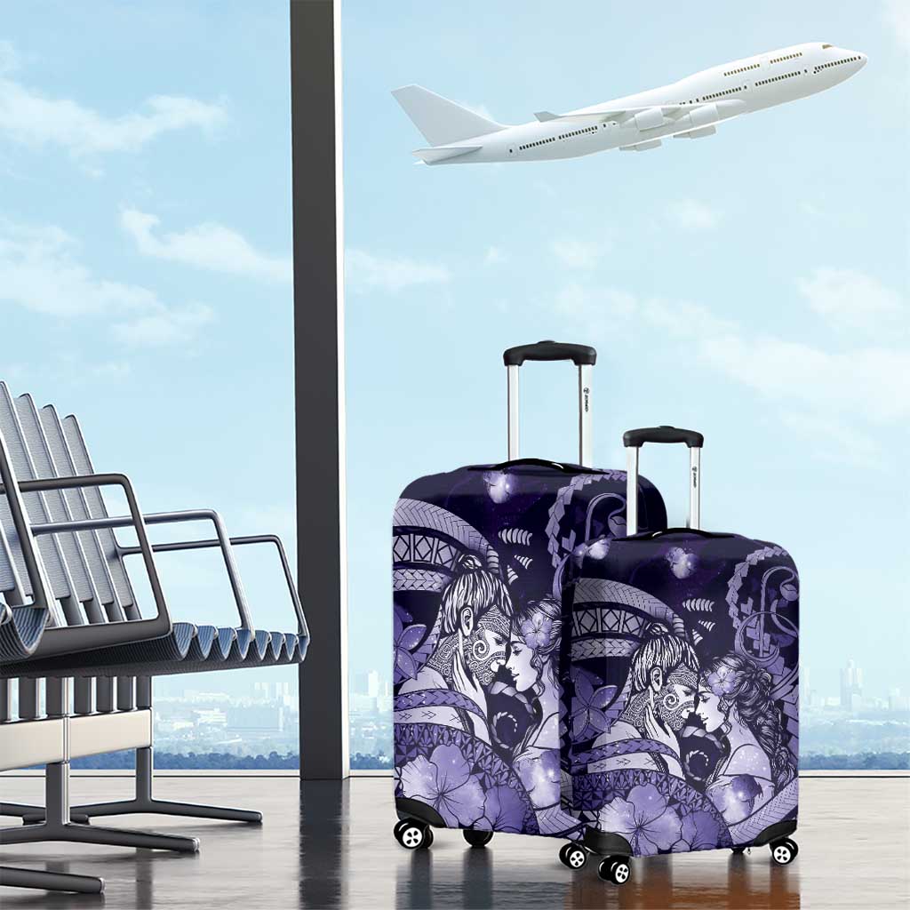 Maori Romantic Valentine Luggage Cover The Hongi Kiss Purple Galaxy