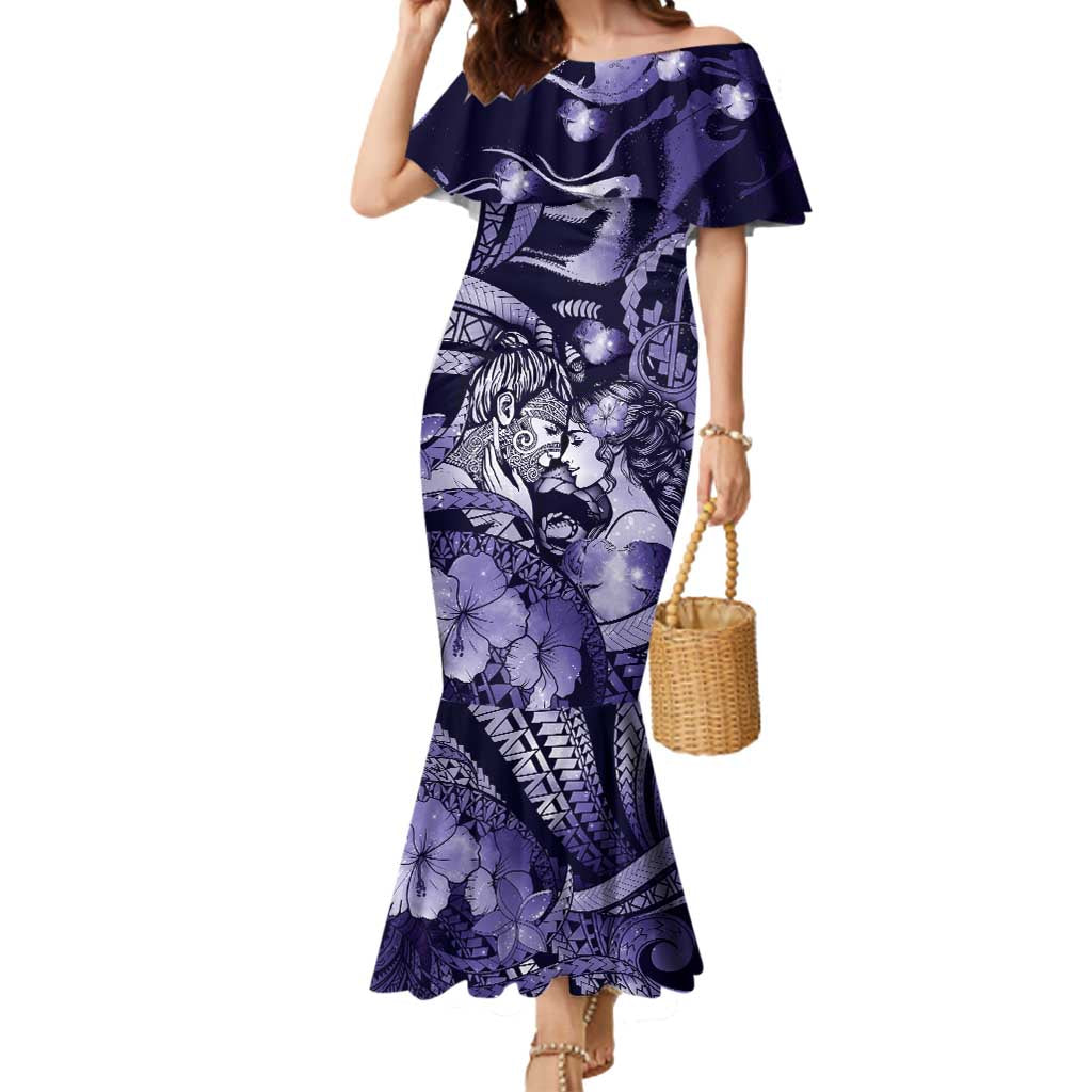Personalised Maori Romantic Valentine Mermaid Dress The Hongi Kiss Purple Galaxy