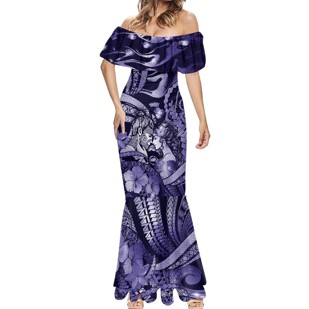 Personalised Maori Romantic Valentine Mermaid Dress The Hongi Kiss Purple Galaxy