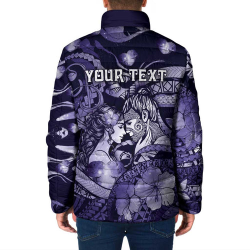 Personalised Maori Romantic Valentine Padded Jacket The Hongi Kiss Purple Galaxy