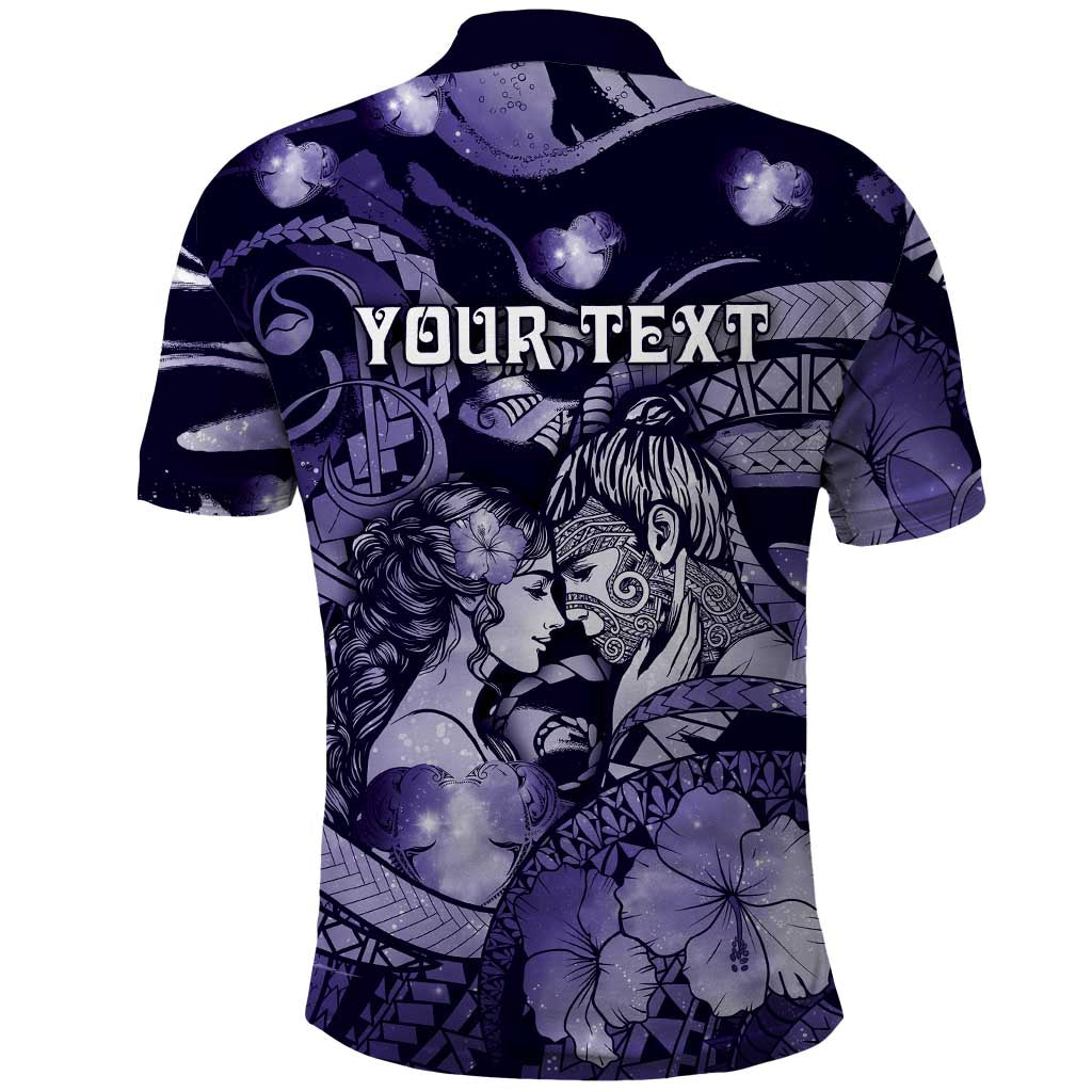 Personalised Maori Romantic Valentine Polo Shirt The Hongi Kiss Purple Galaxy