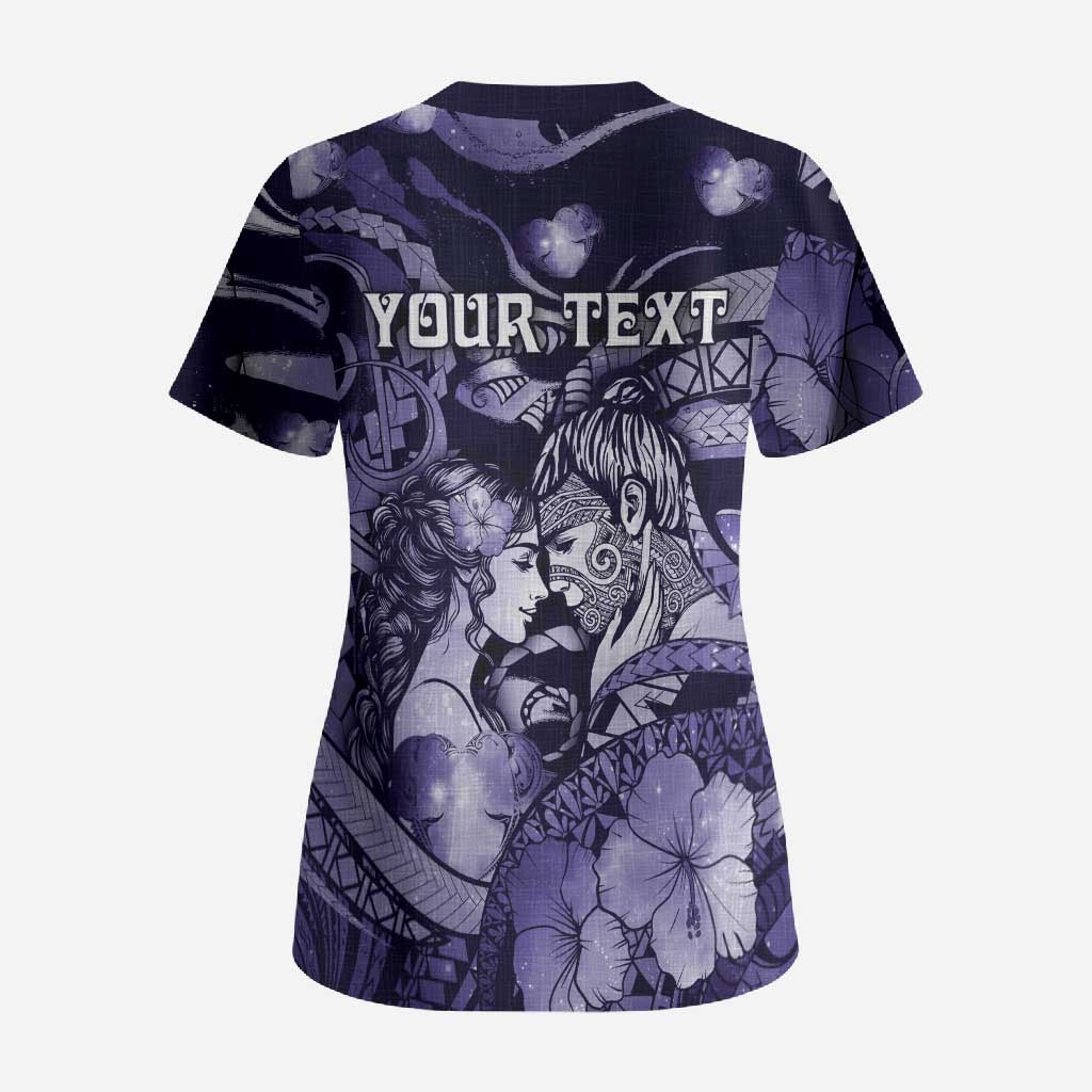 Personalised Maori Romantic Valentine Scrub Top The Hongi Kiss Purple Galaxy