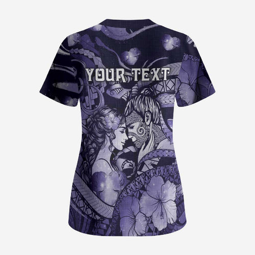 Personalised Maori Romantic Valentine Scrub Top The Hongi Kiss Purple Galaxy