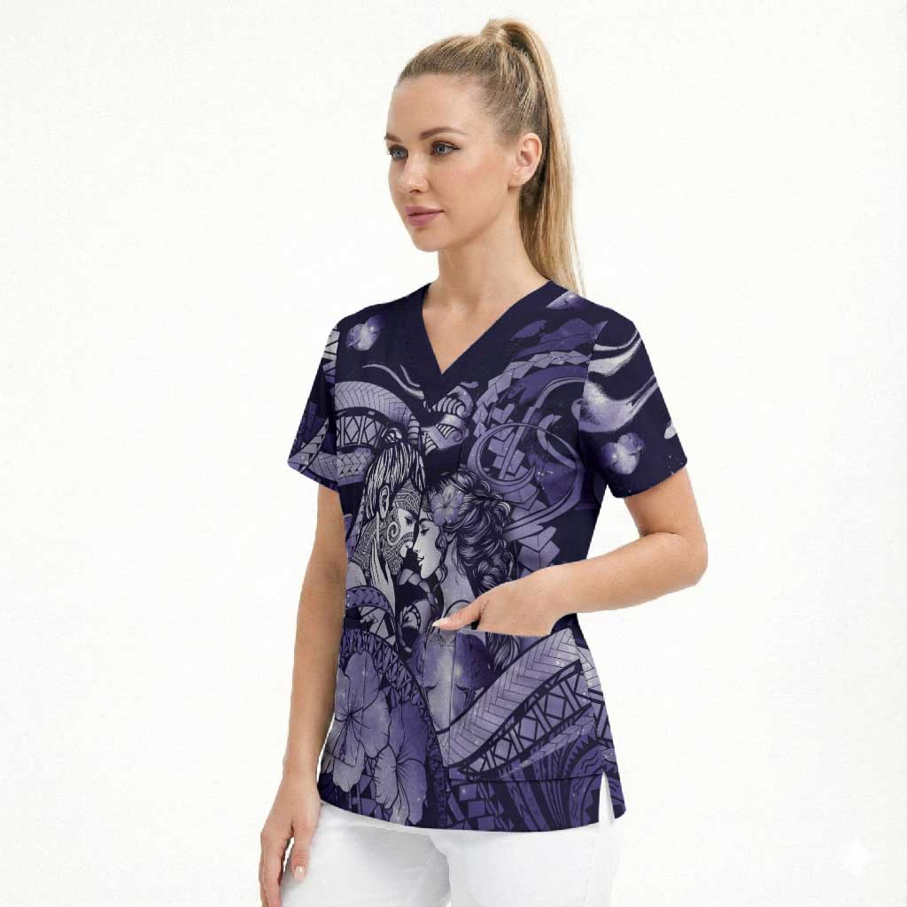 Personalised Maori Romantic Valentine Scrub Top The Hongi Kiss Purple Galaxy