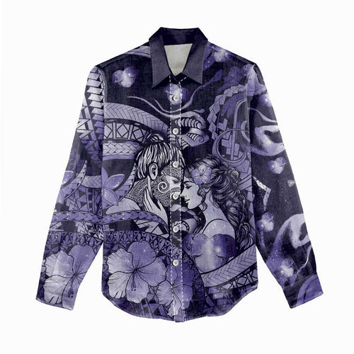 Personalised Maori Romantic Valentine Women Casual Shirt The Hongi Kiss Purple Galaxy