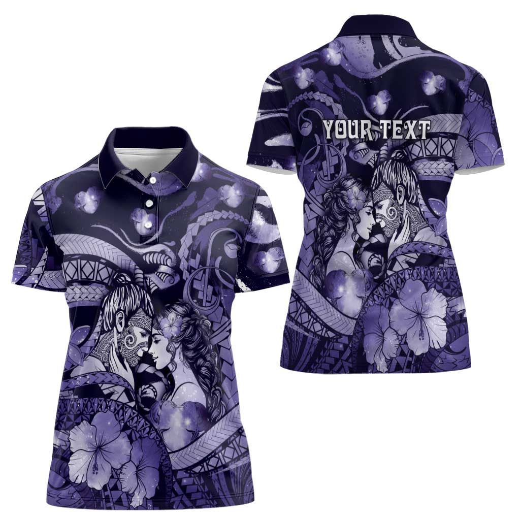 Personalised Maori Romantic Valentine Women Polo Shirt The Hongi Kiss Purple Galaxy
