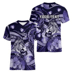 Personalised Maori Romantic Valentine Women V-Neck T-Shirt The Hongi Kiss Purple Galaxy